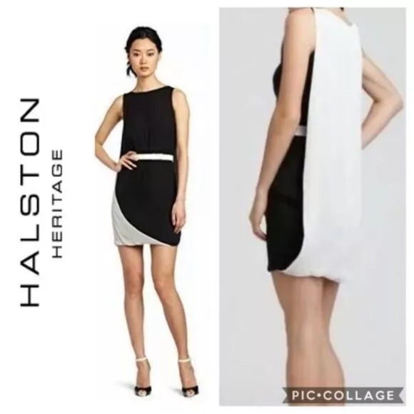 Halston Heritage silk mini shift dress draped Size 6 in Midnight/Black - Picture 1 of 8